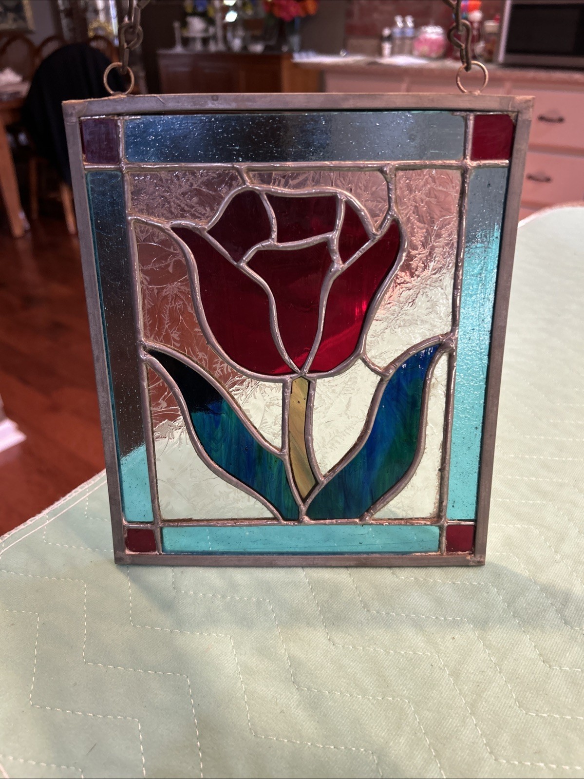 Vintage Red Rose w/ Blue & Textured Clear Stained Glass Window Hanging Chains