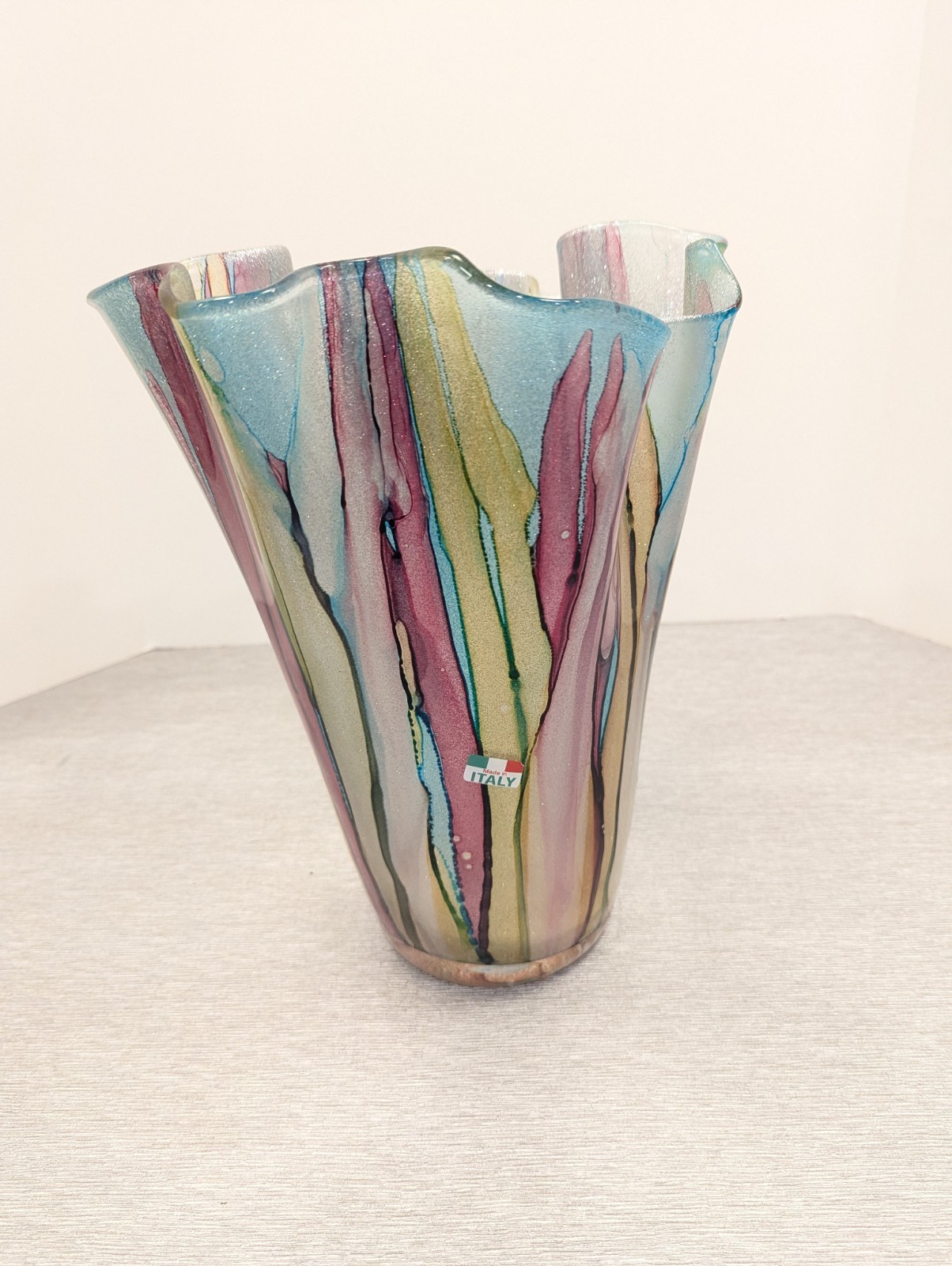 NEW Made In Italy Murano Style Multicolor Art Glass Handkerchief Ruffle Vase
