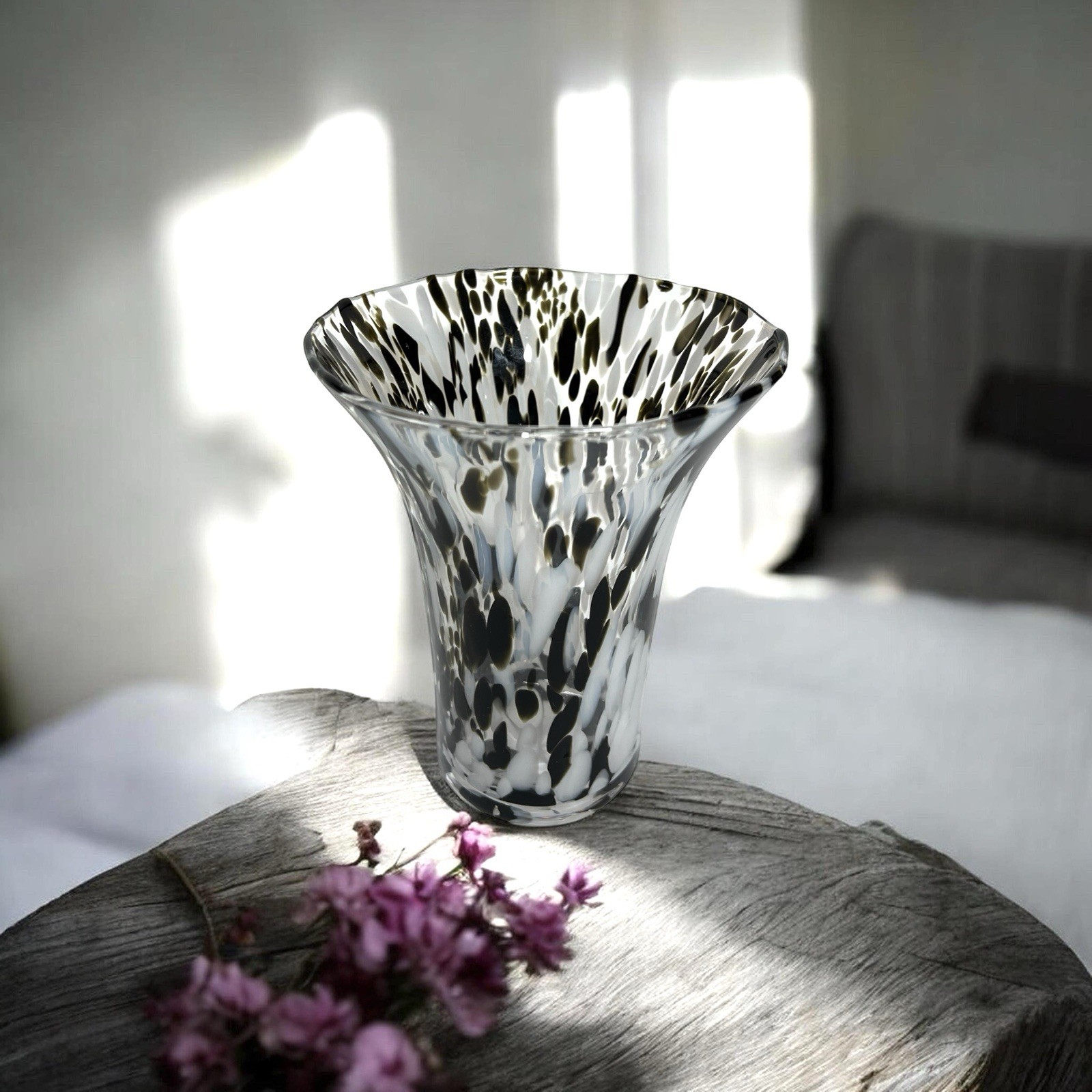 Vintage Hand Blown Art Glass Vase Black White Spatter Confetti Flared 7”
