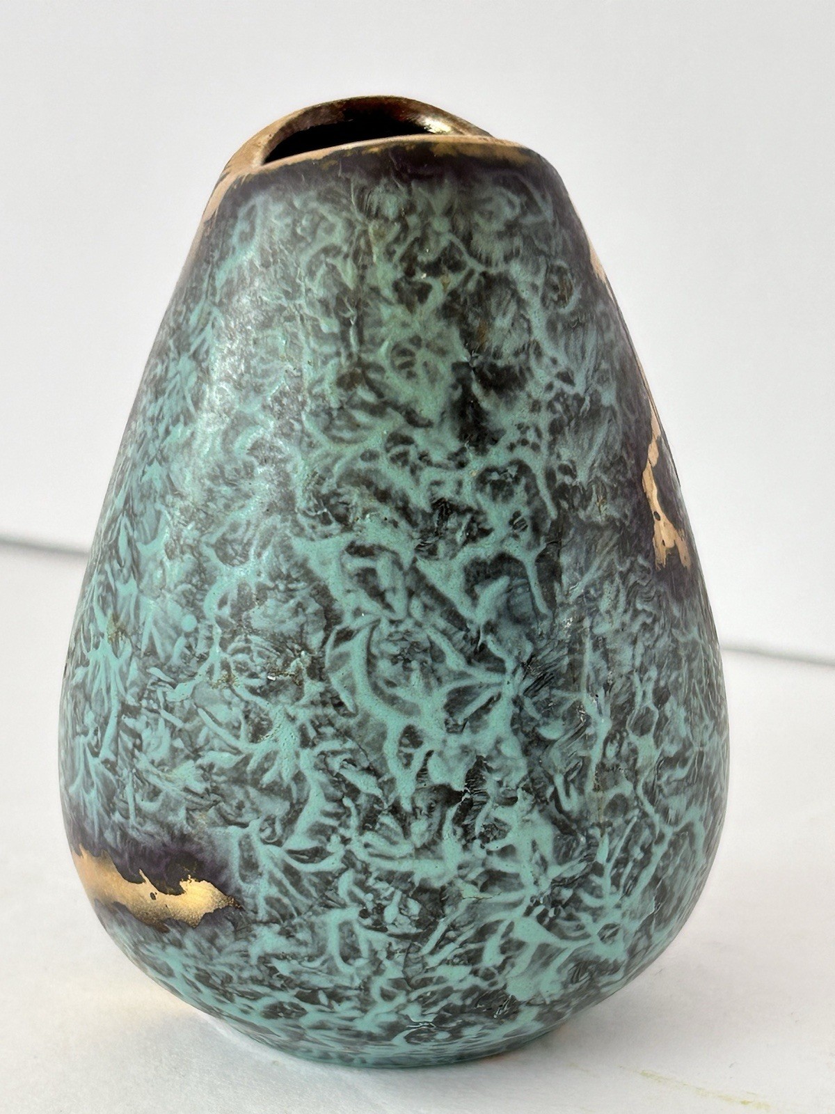 Mid-Century Jasba Keramik Fish Mouth Vase Germany Turquoise Gold Excellent