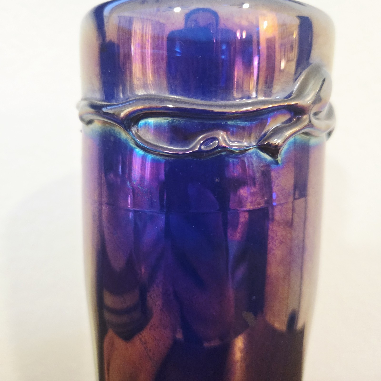 VTG Iridescent Cobalt Blue Purple Glass Vase Carnival Swirl Mid Century Signed