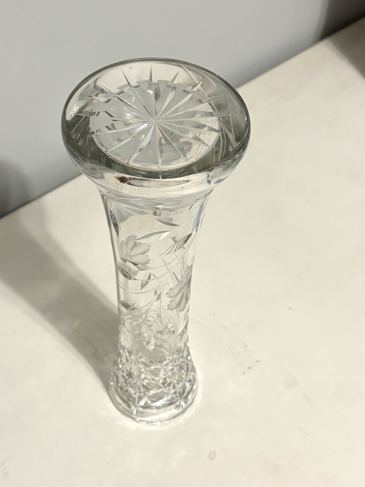 Clear Cut Glass Floral Etched Bud Vase with Scalloped Rim, Clear