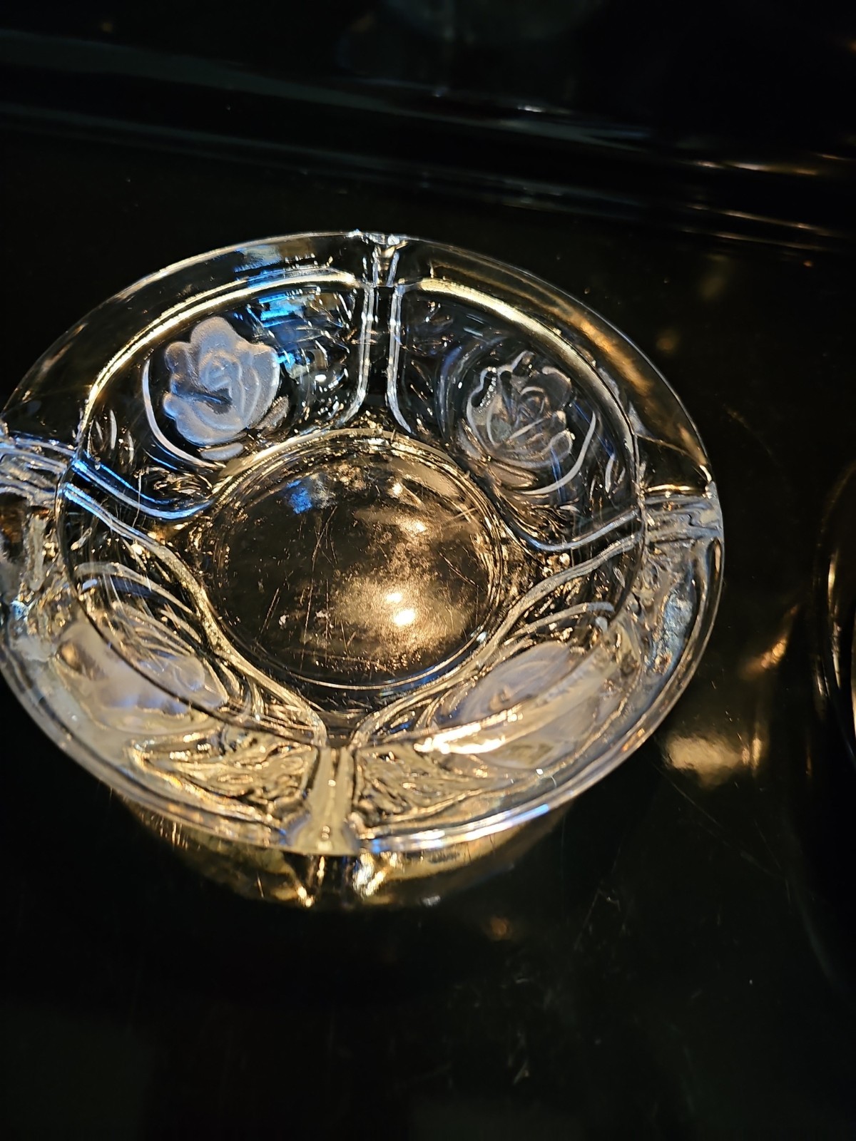 Vintage KIG Indonesia Ashtray Pressed Etched Glass Rose Pattern