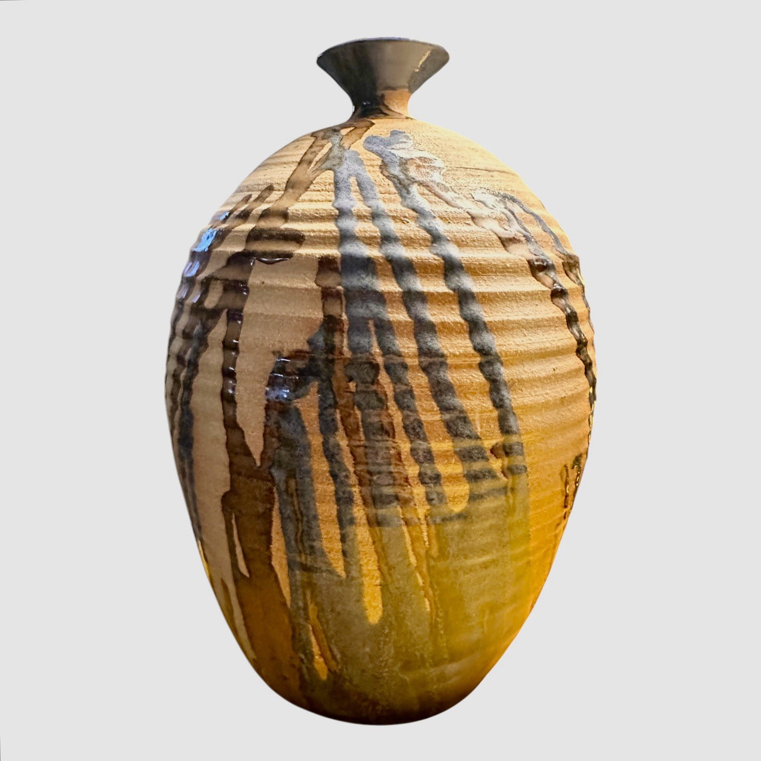 Large Studio Pottery Vase Hand Thrown Stoneware Drip Glaze Signed 9.5”