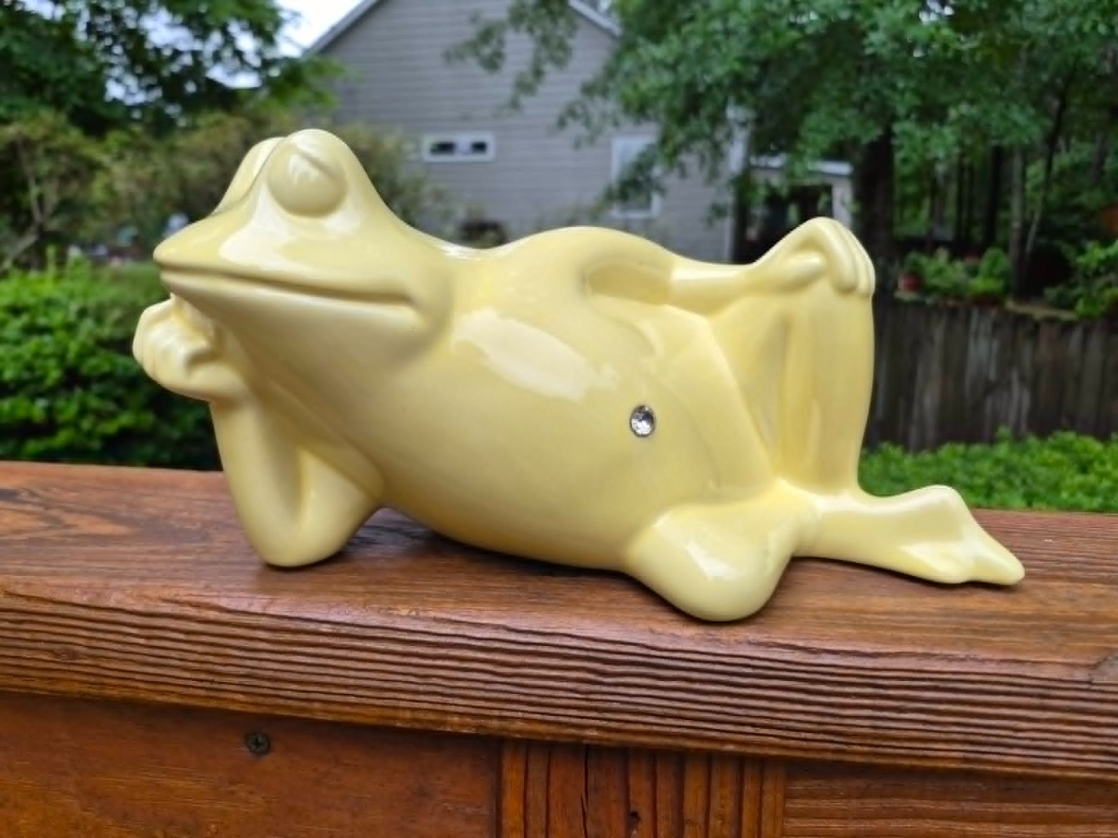 LOUNGING FROG, YELLOW, 10” LONG, ENCHANTO CA POTTERY, GEM BELLY BUTTON, 1950s