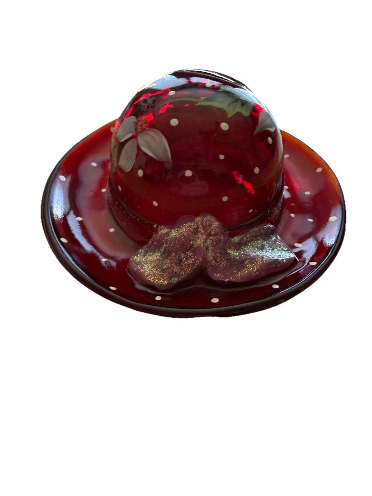 Fenton Red Hat Hand Painted Poinsettias Glitter Band Stand 5385 T7