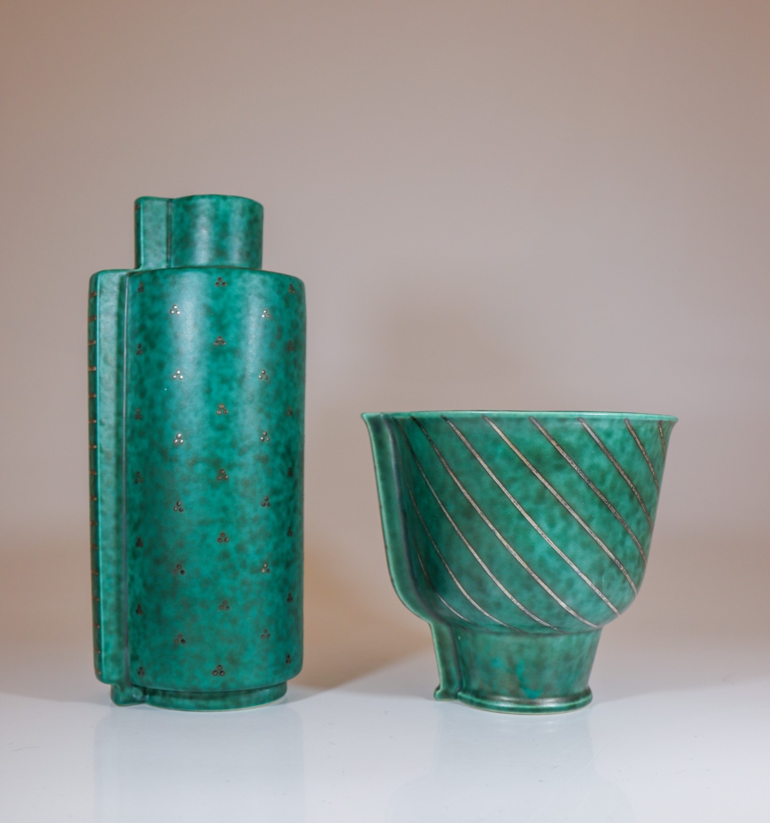 TWO RARE GREEN CERAMIC VASE ARGENTA / SURREA – WILHELM KÅGE GUSTAVSBERG