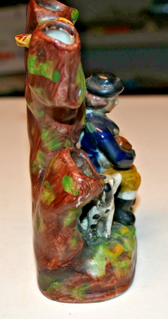 Vintage Staffordshire Porcelain Spill Vase Boy with Dog, Sheep, and Bird