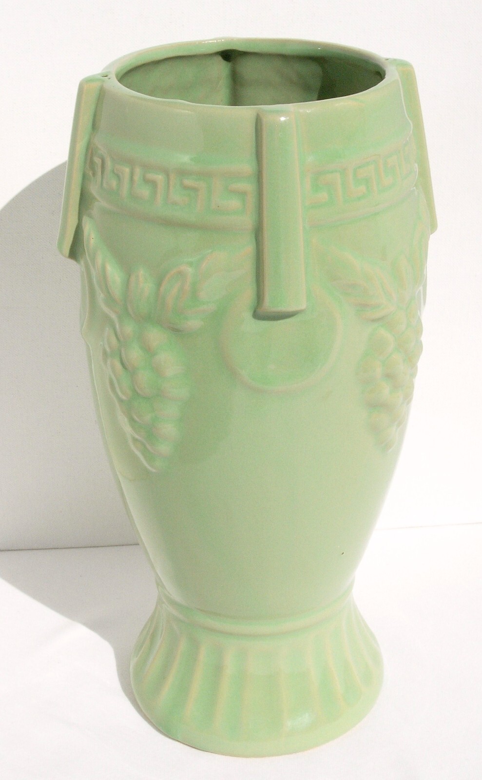 Vintage 11″ Chartreuse Green Greek Key & Grape Motif Stoneware Vase Yellow Ware