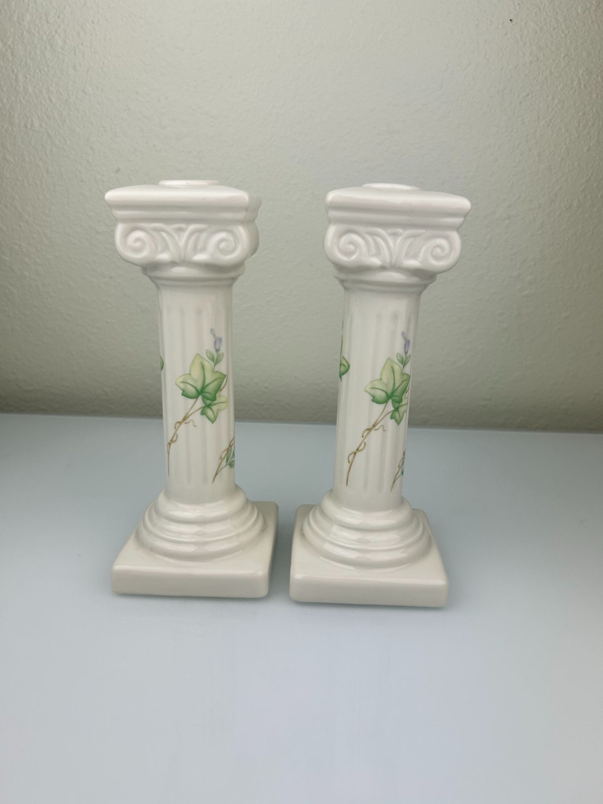 Belleek Classic Ivy Column Taper Candlesticks Ireland Ceramic Green Mark Home