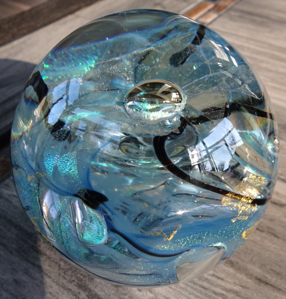 Signed Tim Lazer 2000 Studio Art Glass Dichroic Patterns Paperweight 3.3″