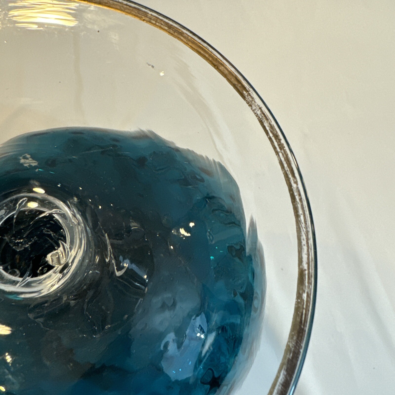 Giant Vintage Italian Turquoise Aqua Blue and Gold Crystal Bowl 14”