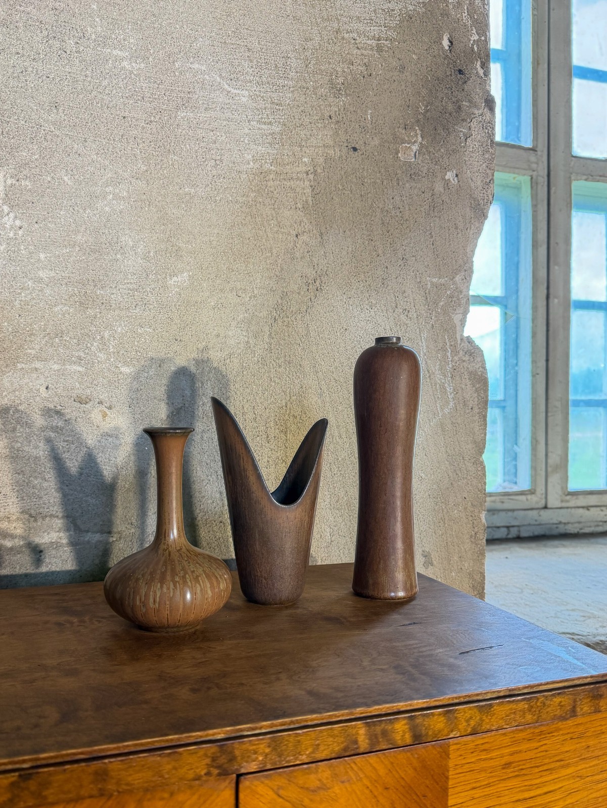 Group of 3 Brown Ceramic Vases – Rörstrand – Gunnar Nylund – Midcentury Modern