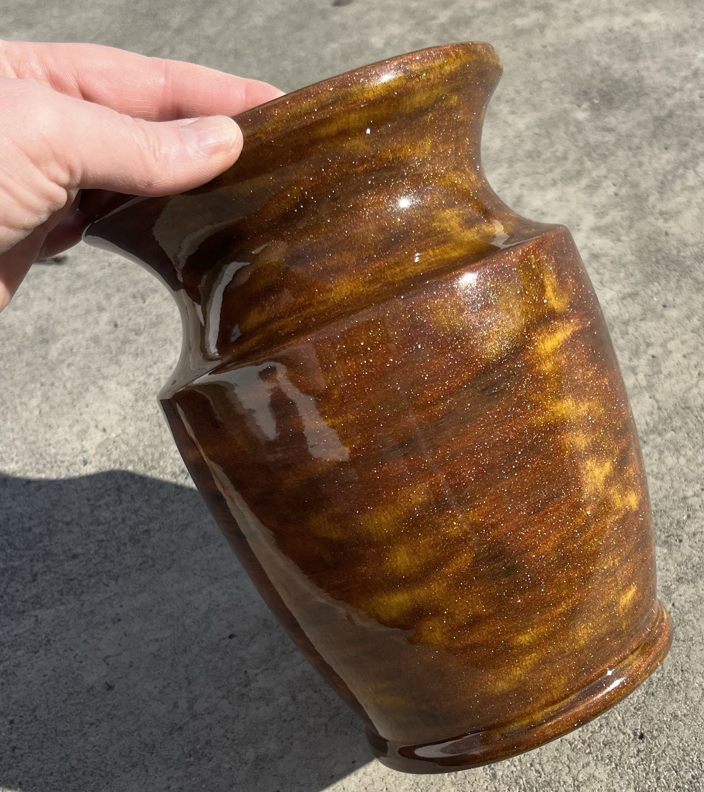 VTG 73’ Ceramic Art Glass Vase Handmade Glittery Warm Autumnal Tones 7.5”