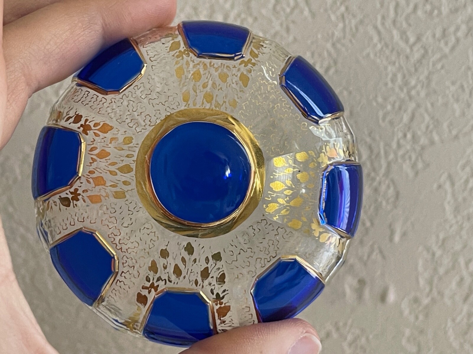 Vintage Antique Manner of Moser Cobalt Clear & Gold Faceted Glass Round Box