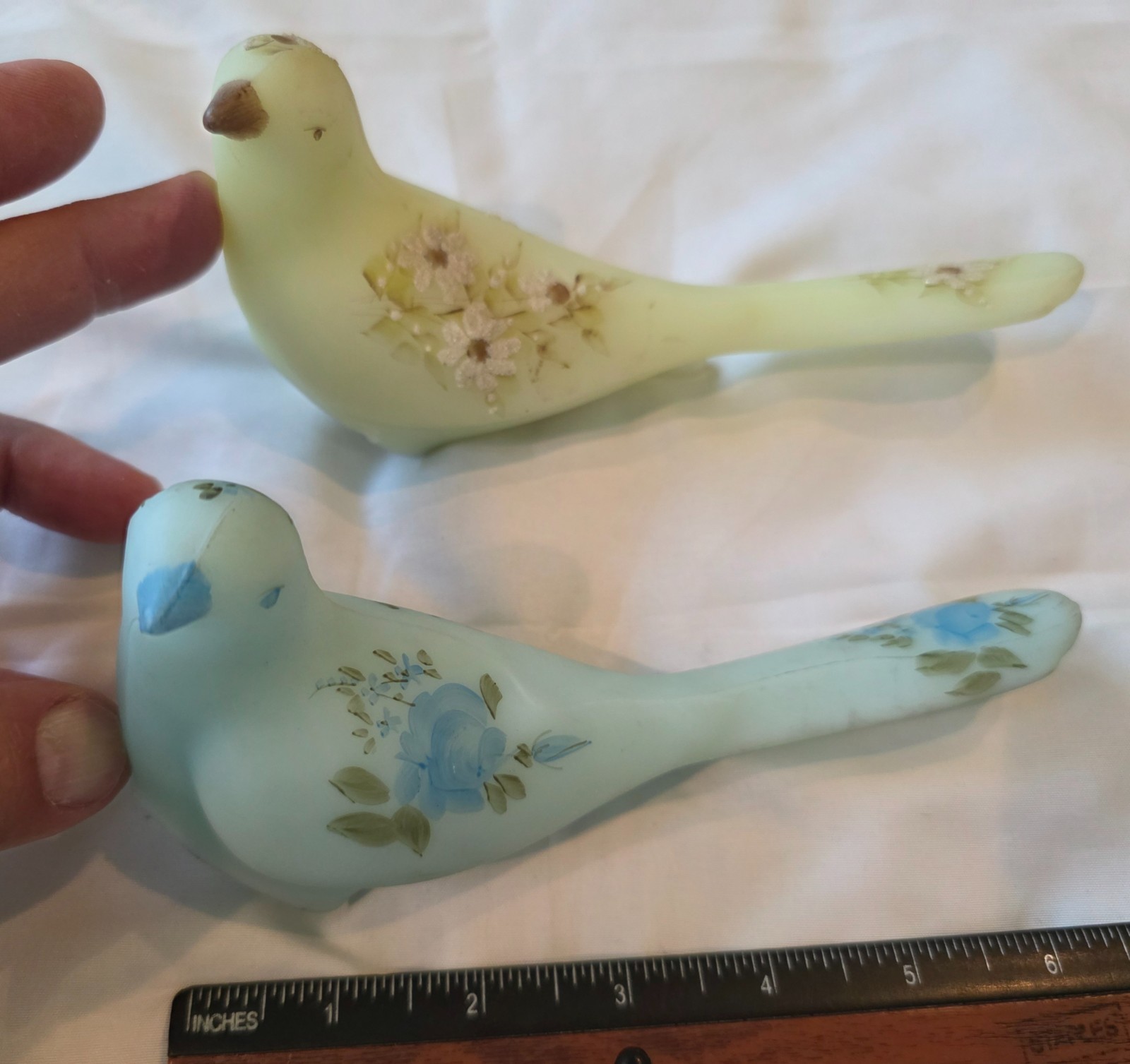 Fluorescent Yellow Satin & Blue Satin Glass Pair of Hand Painted Birds, Fenton