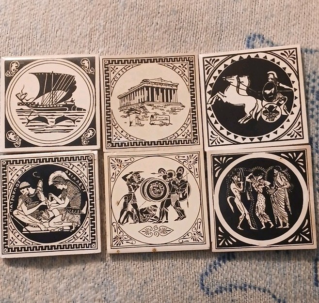 6 Ceramic Decorative Tiles 3x3in Square Black & White Greek Key Mythology Glossy