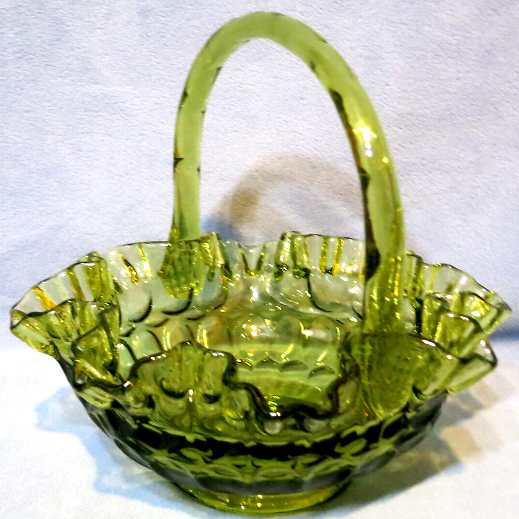 Vintage Fenton Glass Basket Thumbprint Colonial Green 8″ Tall 1968-1970