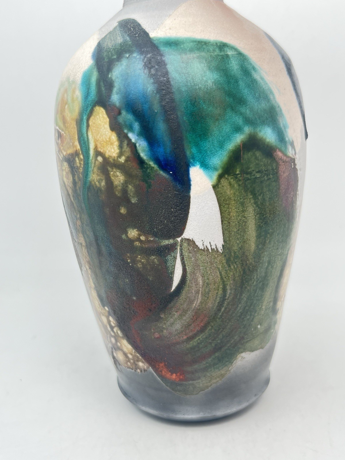 Raku Art Pottery Hand Made Vase 8.5” Tall Abstract Multi Colors