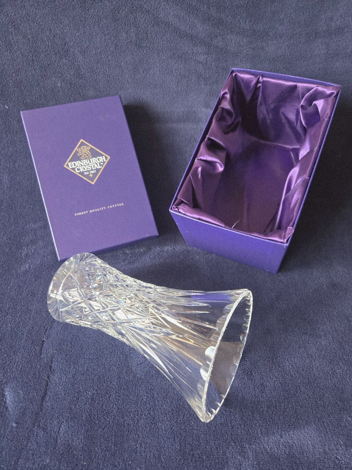 Edinburgh Crystal lead crystal vase 8″, top rim diam-5″, bottom diam-3″