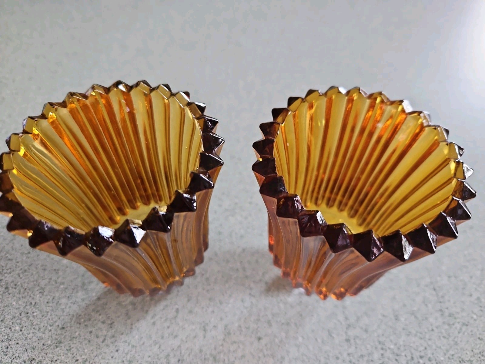2 Vintage Golden Amber Ribbed Peg Votive Glass Candle Holders ☆MINT☆