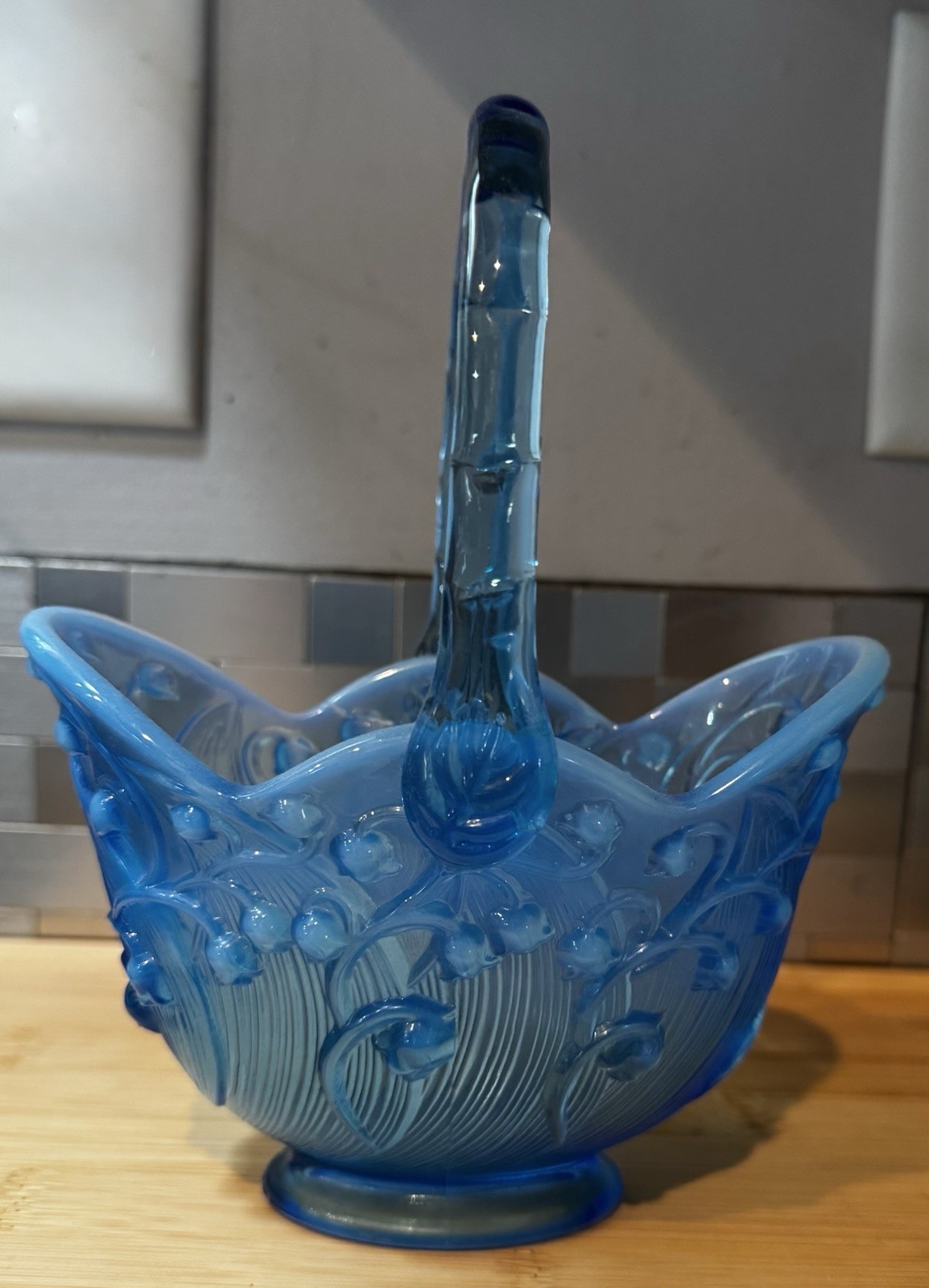 Fenton Vintage Glass Lily of the Valley Handled Basket Aqua Blue Opalescent