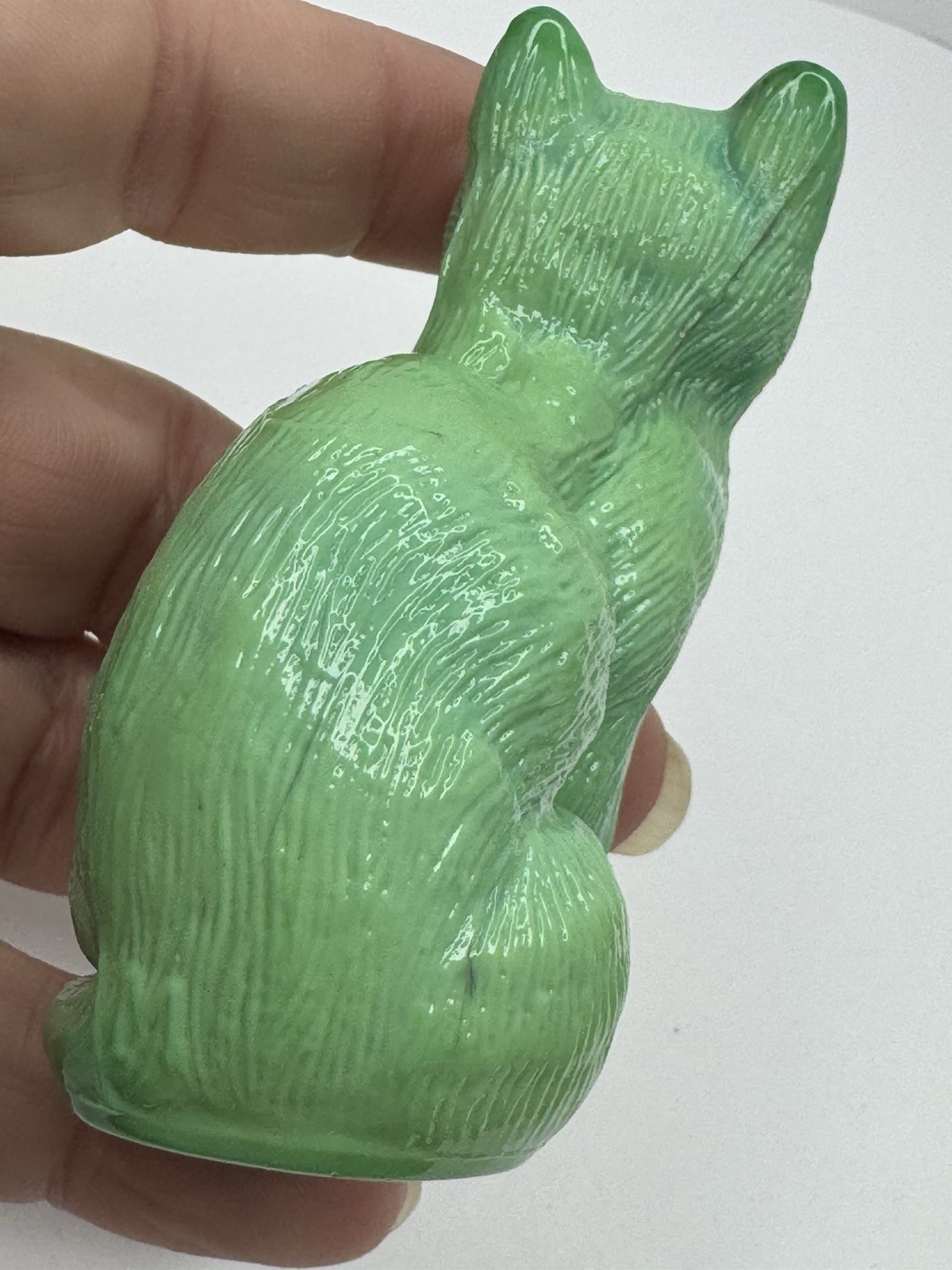 Mosser Glass Sitting Cat Figurine Opaque Jadite Grass Green Blue Slag Glossy
