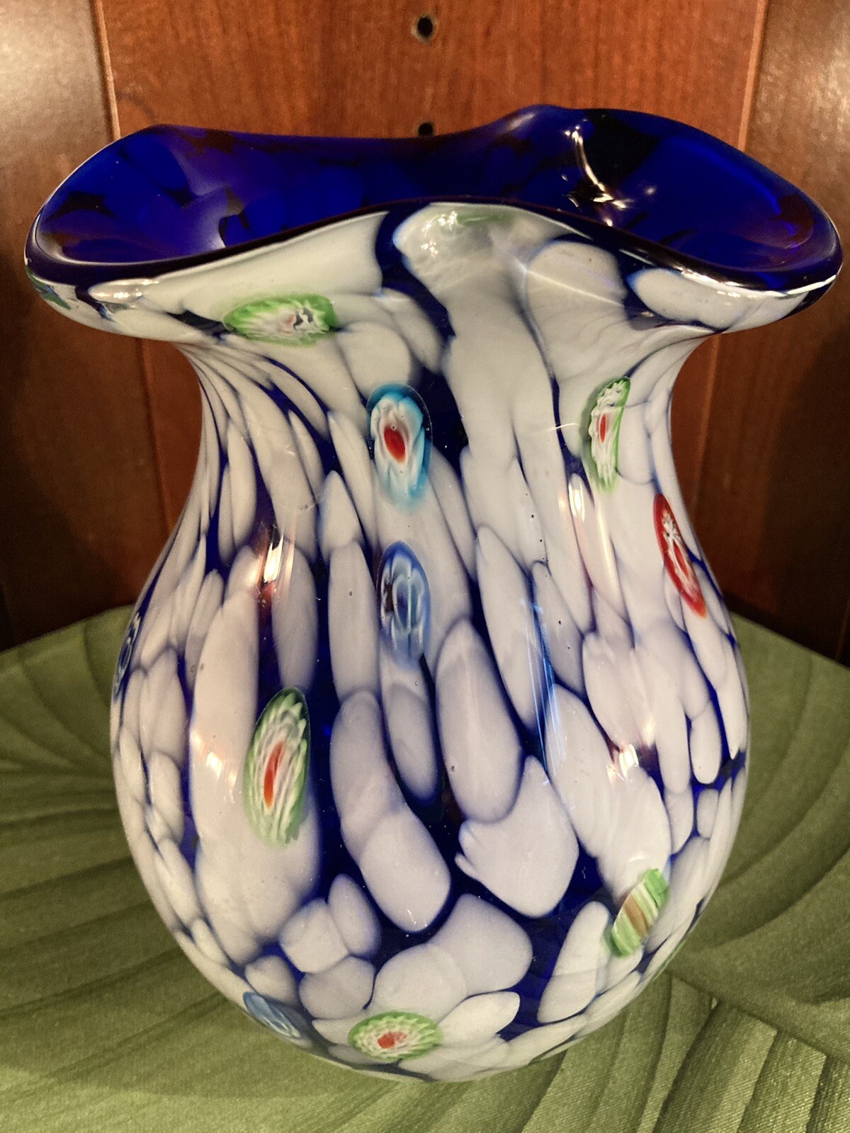 Murano Ruffle Milifiorie Vase Hand Blown Glass Cobalt Blue 8.5”Smooth Pontil*VGC