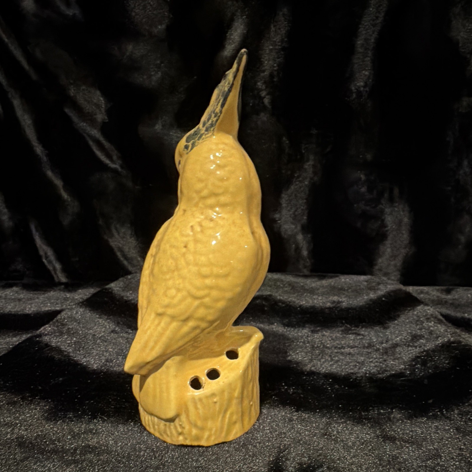 Yellow & Black Glossy Ceramic Bird Figurine on Tree Stump Base Flower Frog 7 in
