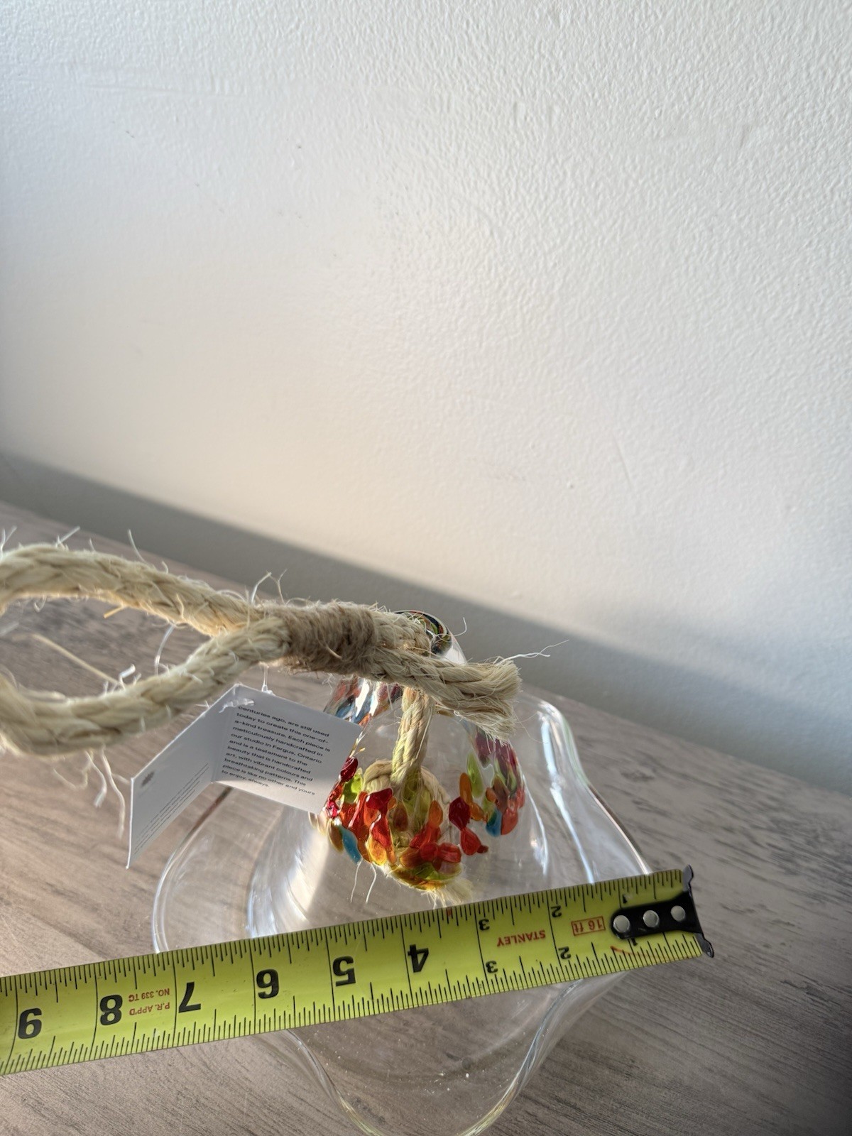 Hand Blown Art Glass Bell Ornament Clear Multicolor Swirls Ruffled Edge Rope