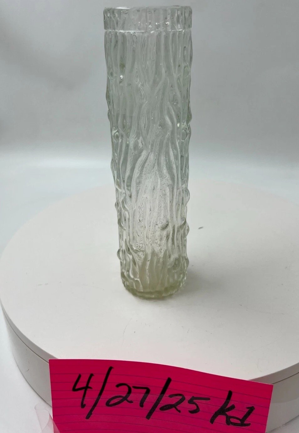Mid-Century Modern Clear Textured Bark Art Glass Cylindrical Vase