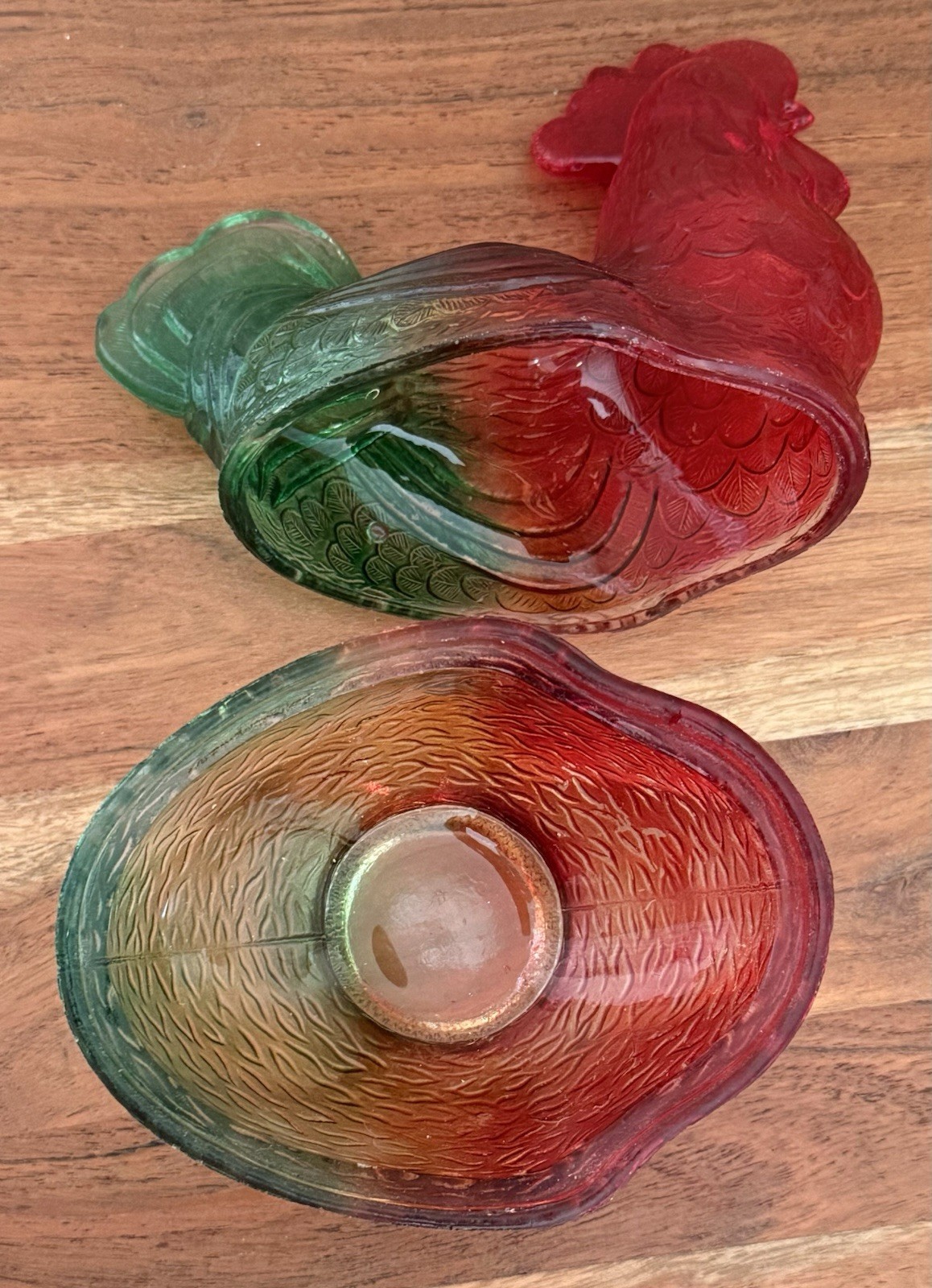 VINTAGE Tri Color RED,YELLOW & GREEN Rooster Trinket box 6.75″ tall HARD TO FIND