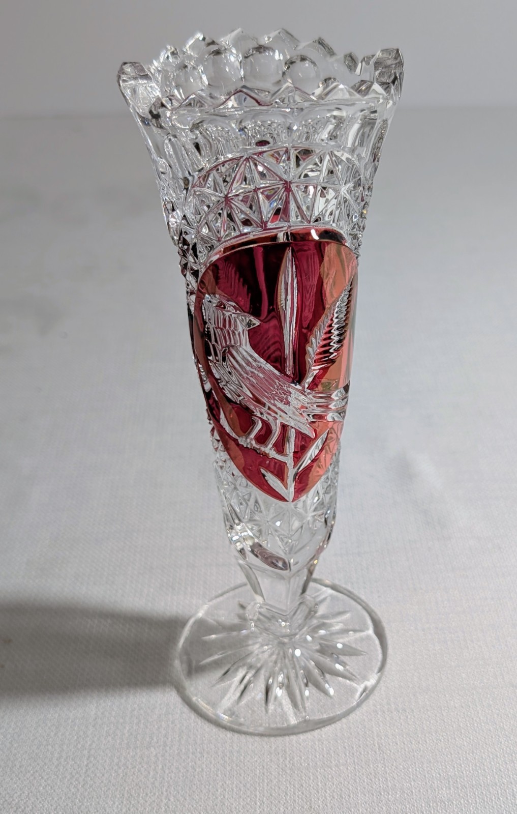Haufbauer Brydes Crystal Cut 8″ Glass Vase Cranberry Cut To Clear Bird
