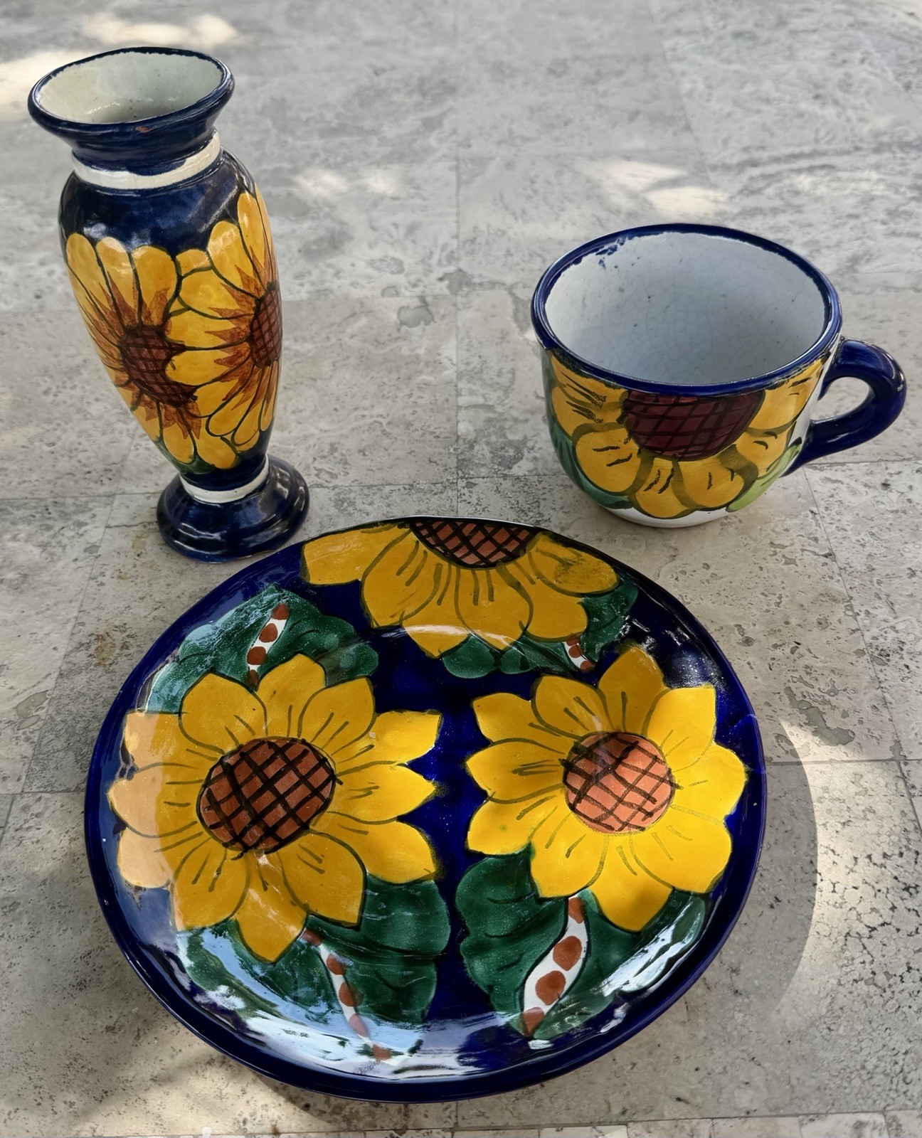 “Hand Painted Sunflower Ceramic Set Plate Mug Vase Folk Art Cobalt Blue Floral”