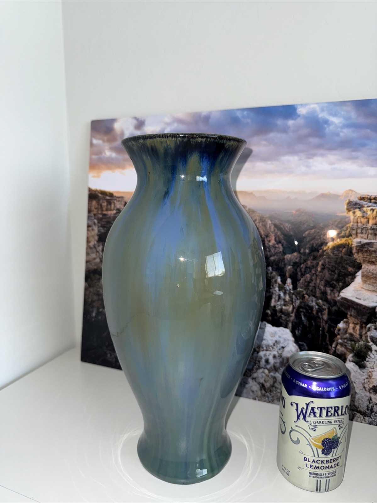 Fulper Pottery 13” Flambe Drip Glaze Vase Blue Brown Vintage