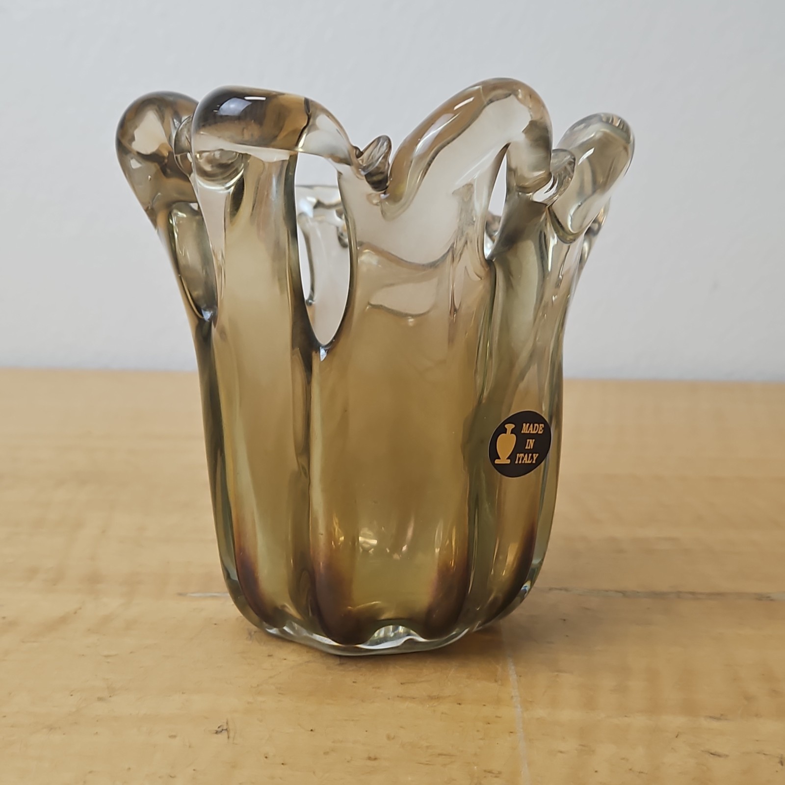 Murano Glass Vase free form with cutouts smokey brown 5 inch handmade in ITALY
