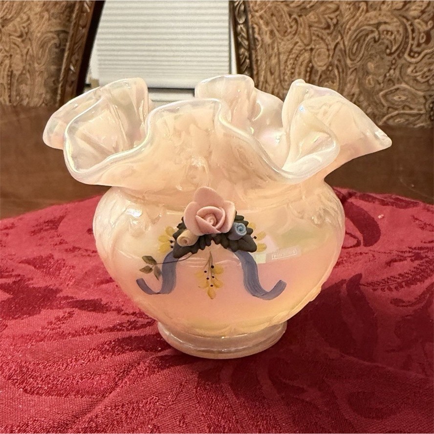 4’ Hand Painted Art Glass Vase by M. Wagner, Ruffled Floral Ribbon, Ivory Pink