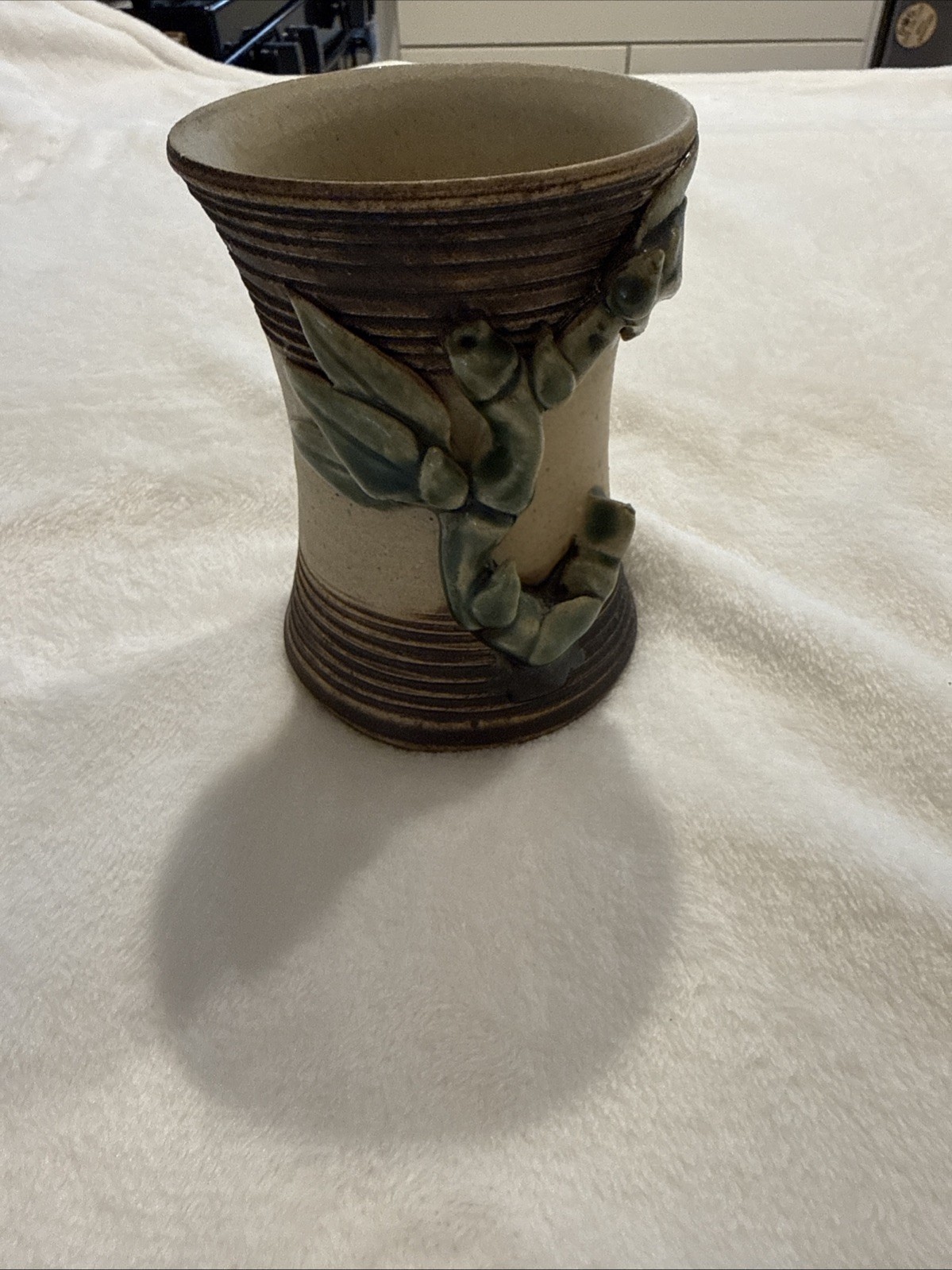 Vintage Signed JS Studio Art Pottery Vase Grapevine Stoneware Rustic Decor