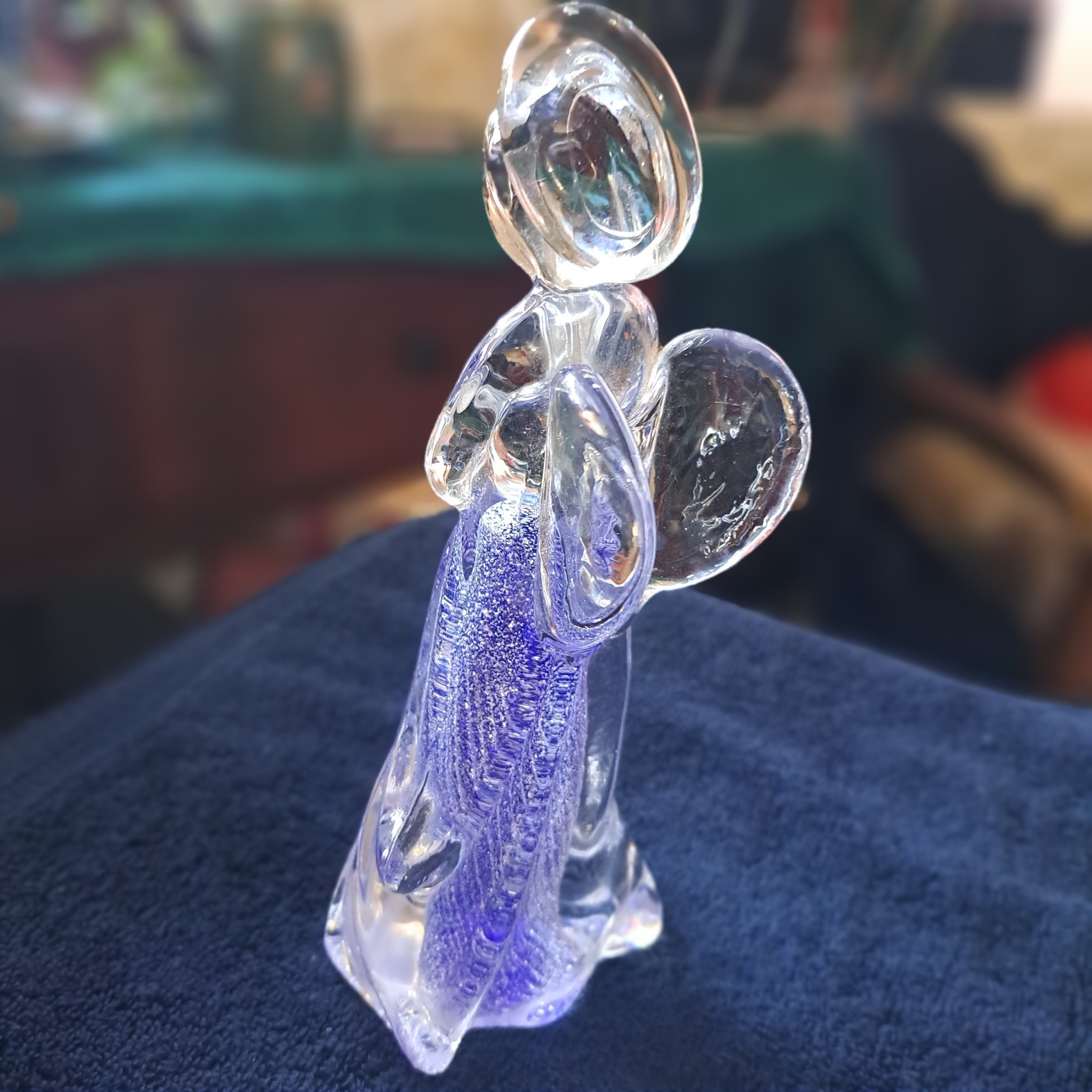 VINTAGE Glass Angel Halo Praying Blue w/ SILVER Flecks Polished Bottom 7.75″Tall