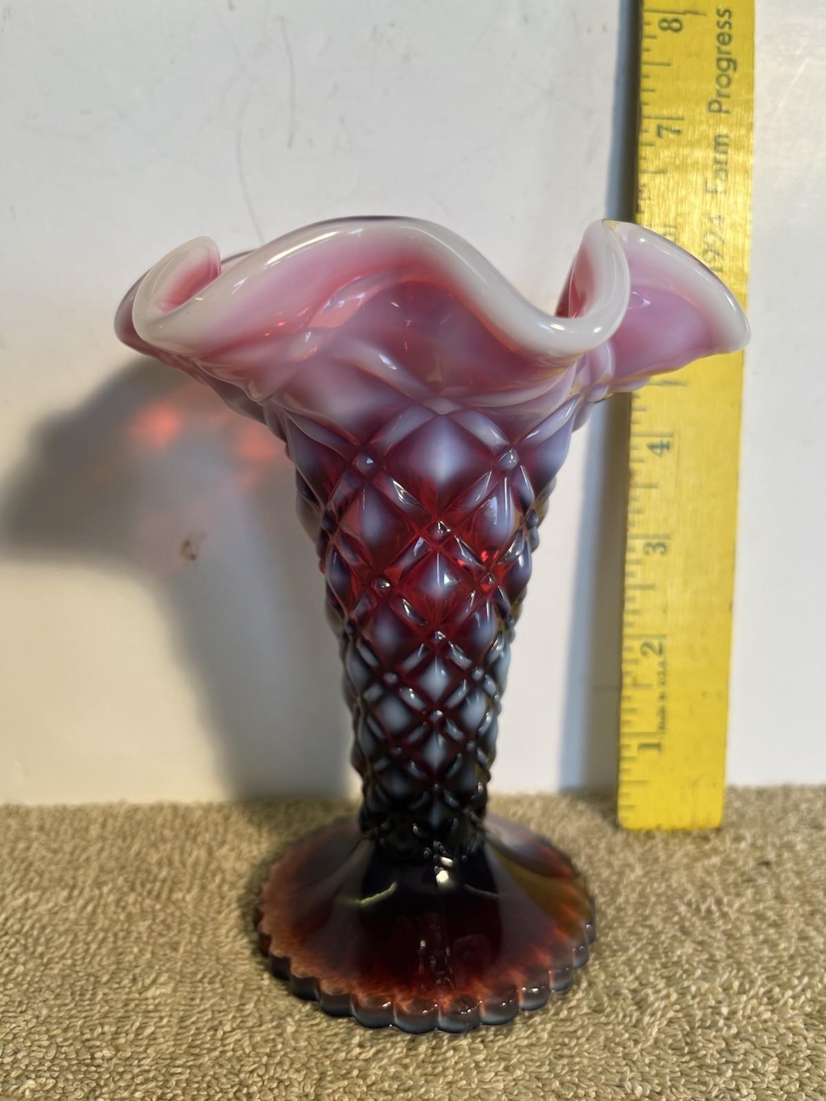 VTG Fenton Art Glass Quilted Plum Opalescent Trumpet Vase Signed Nancy Fenton