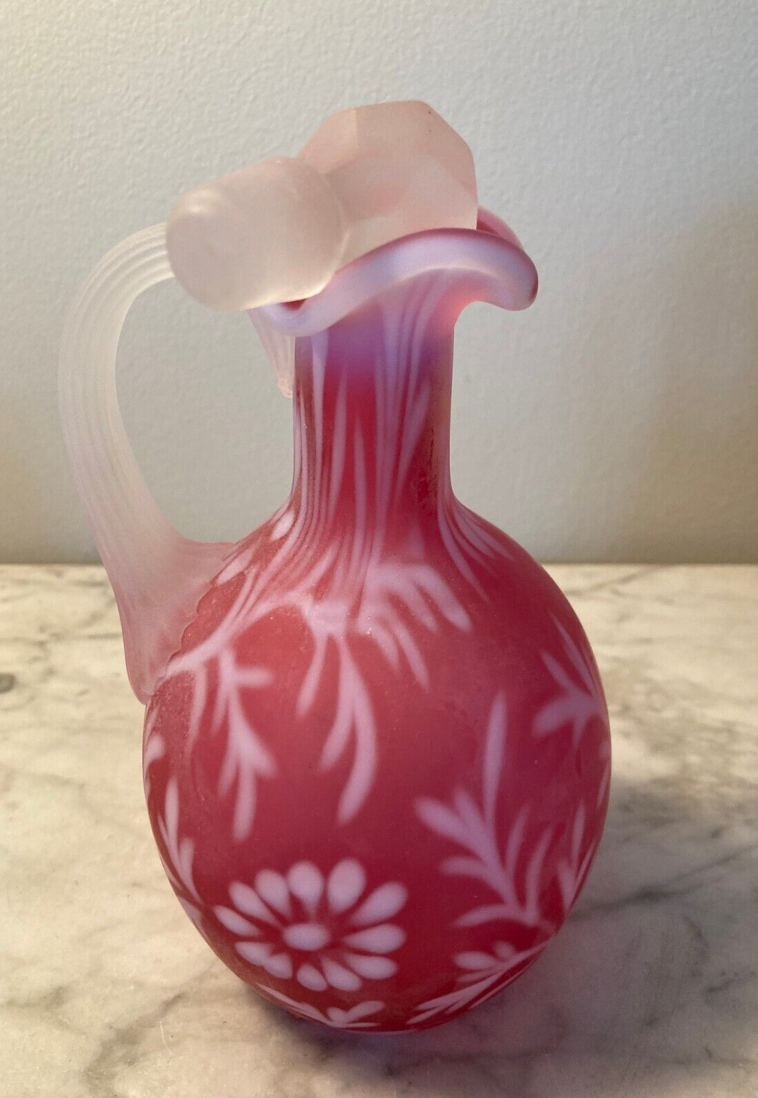 Lovely Fenton Cranberry Daisy and Fern Cruet Satin Finish 7 1/4″ Tall