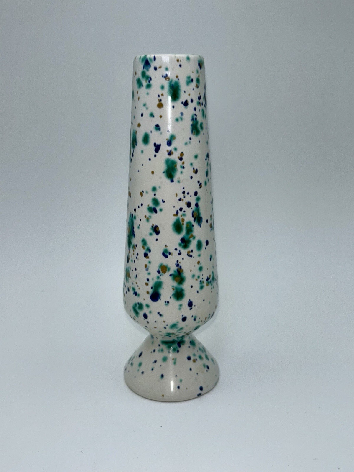 Vintage Speckled Blue/Green/Gold Splatter Glaze Pottery Signed Vase 6.25″