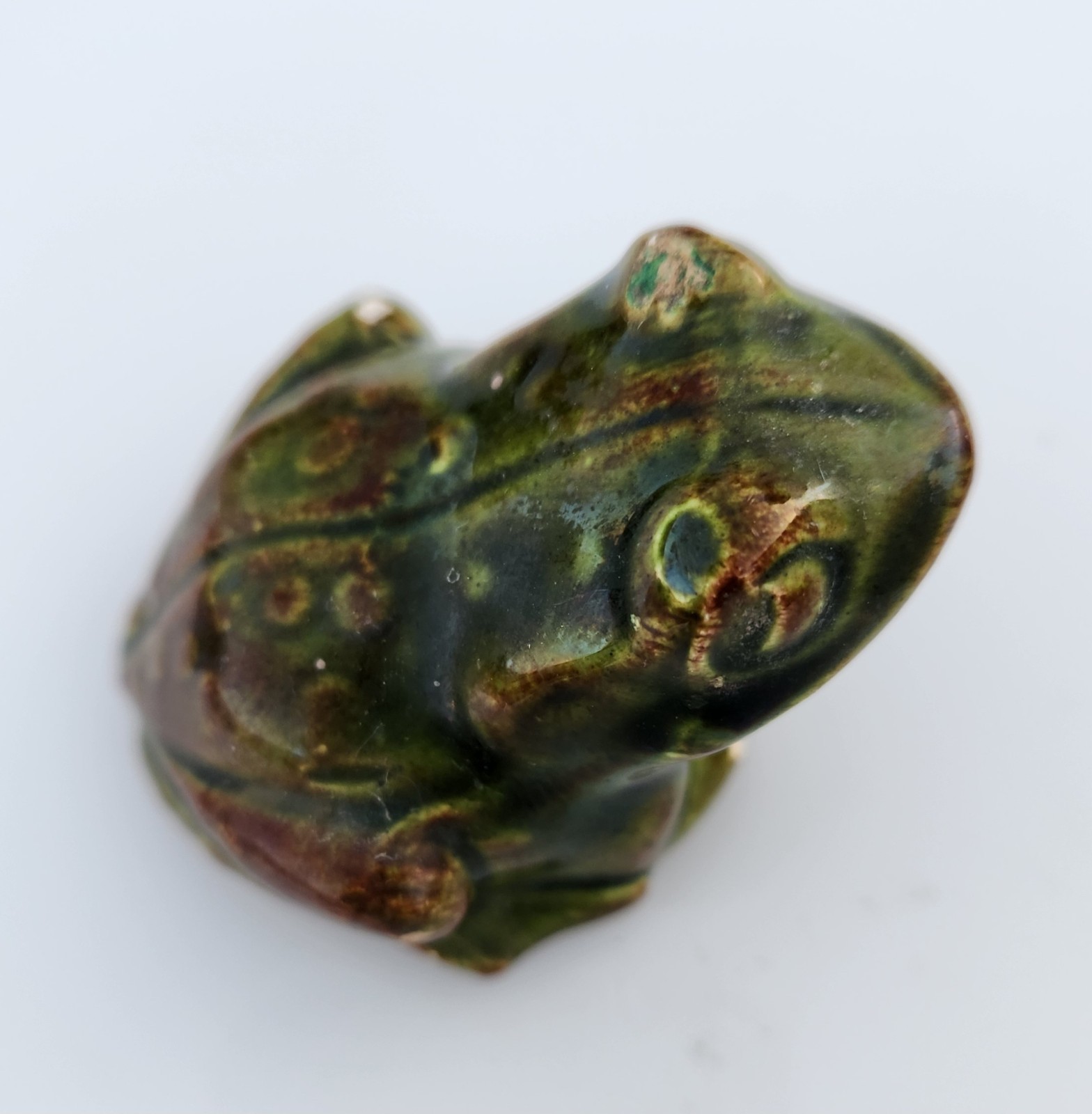 Vintage Pottery Frog Toad Brown & Green Drip Glazed White Clay Figurine