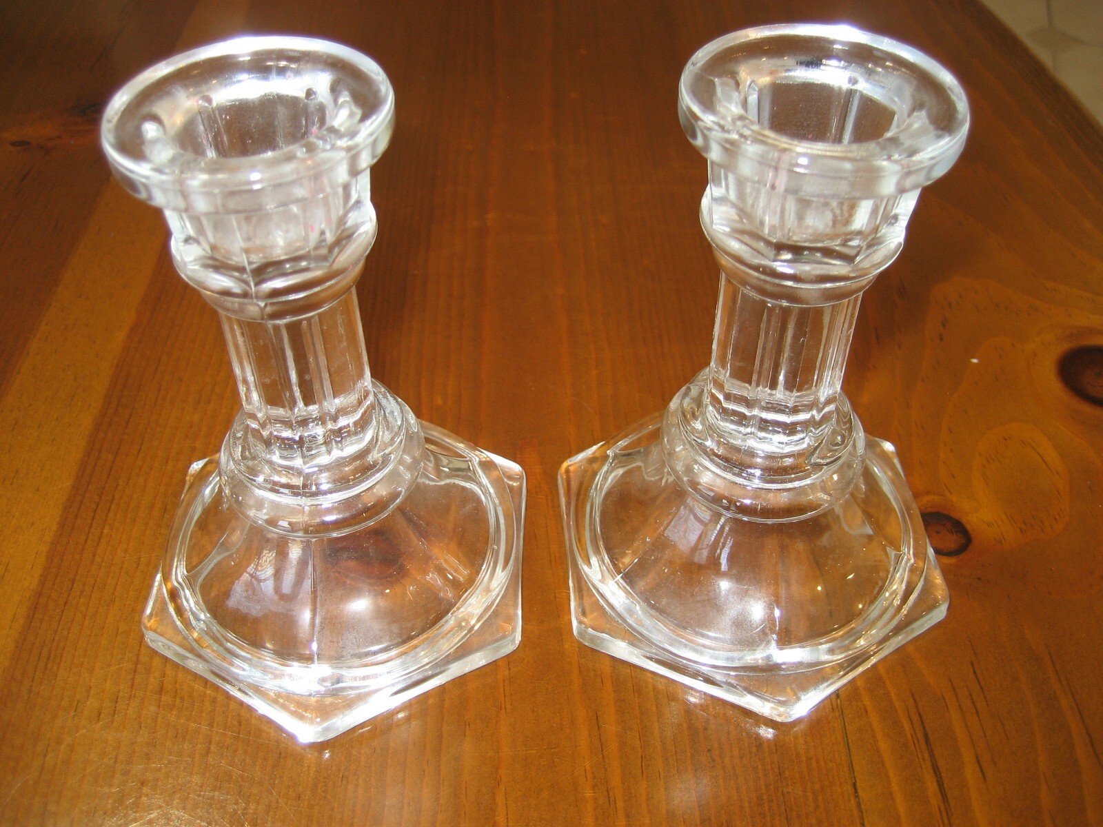 Clear Glass FTDA Candlestick Holders Set 2 Hexagon Base 4″ Tall VTG Never Used!