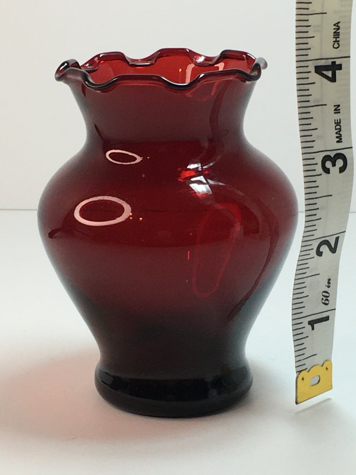Ruby Red Glass Vase Ruffed Rim 4″ Unbranded/Unmarked