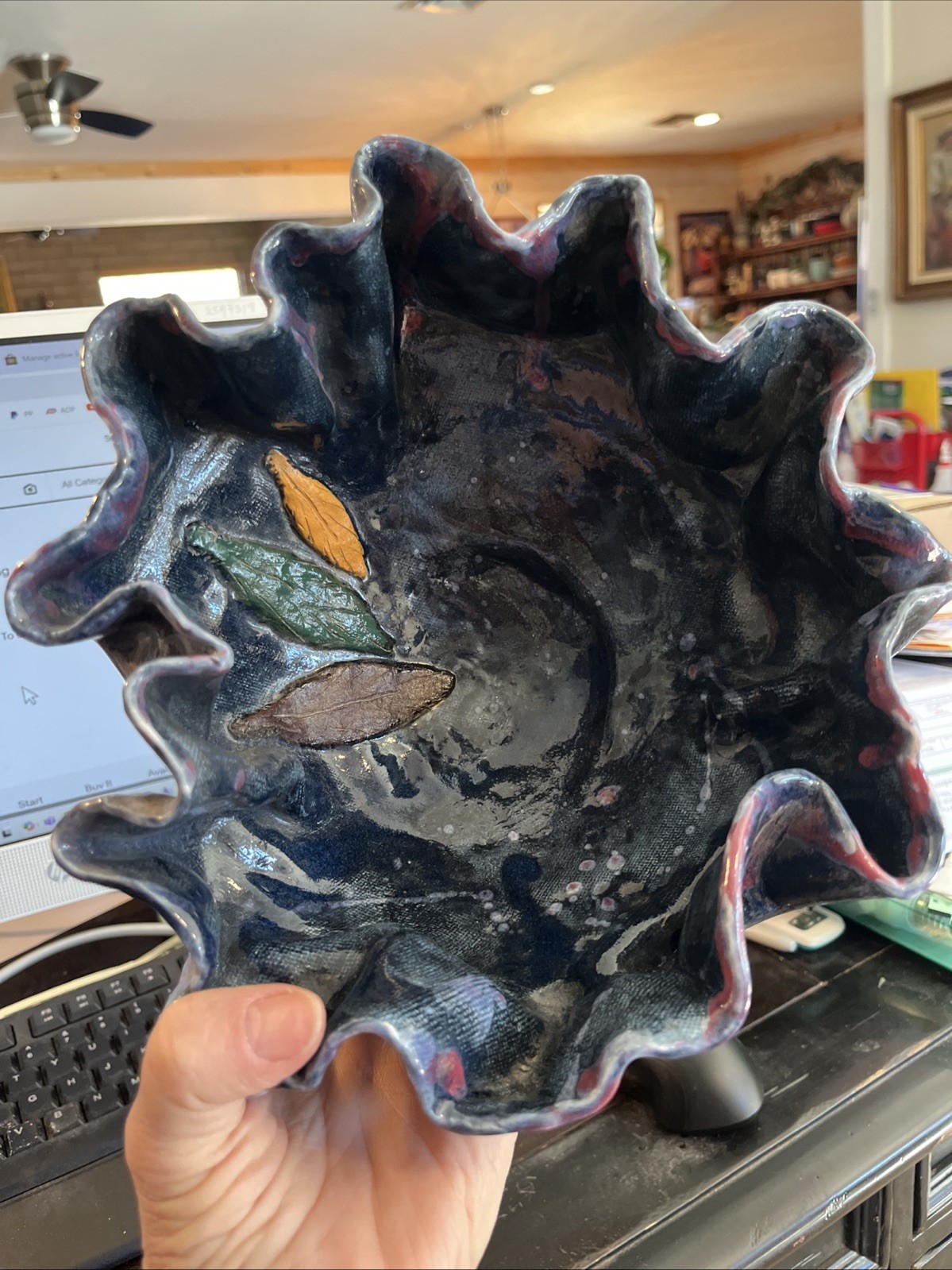 BLUE Ruffled hand formed bowl w/leaf impressions – studio pottery – 9.5″ diam