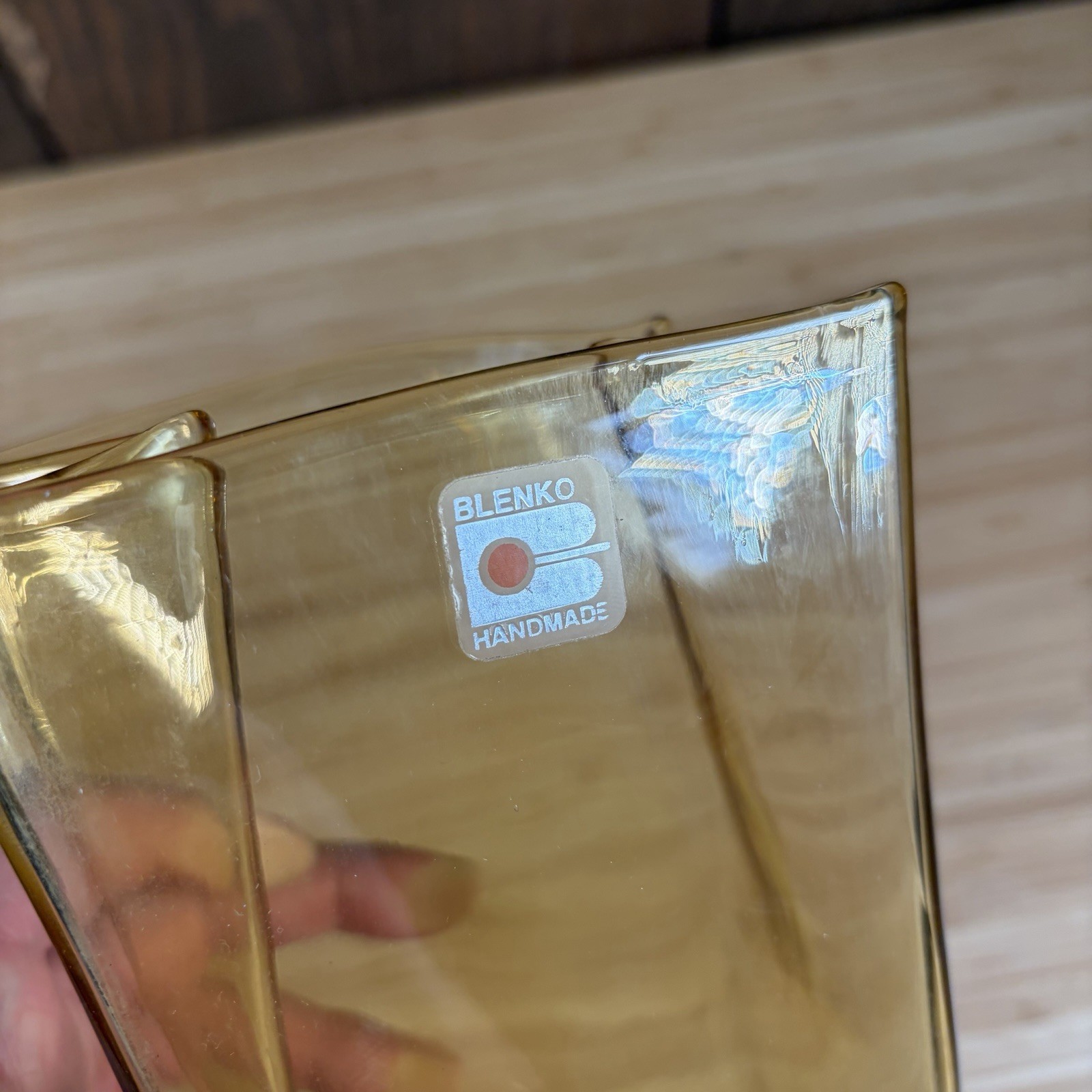 Blenko Glass 8813 Amber Paper Bag Vase With Label USA Approx 8 1/4”H