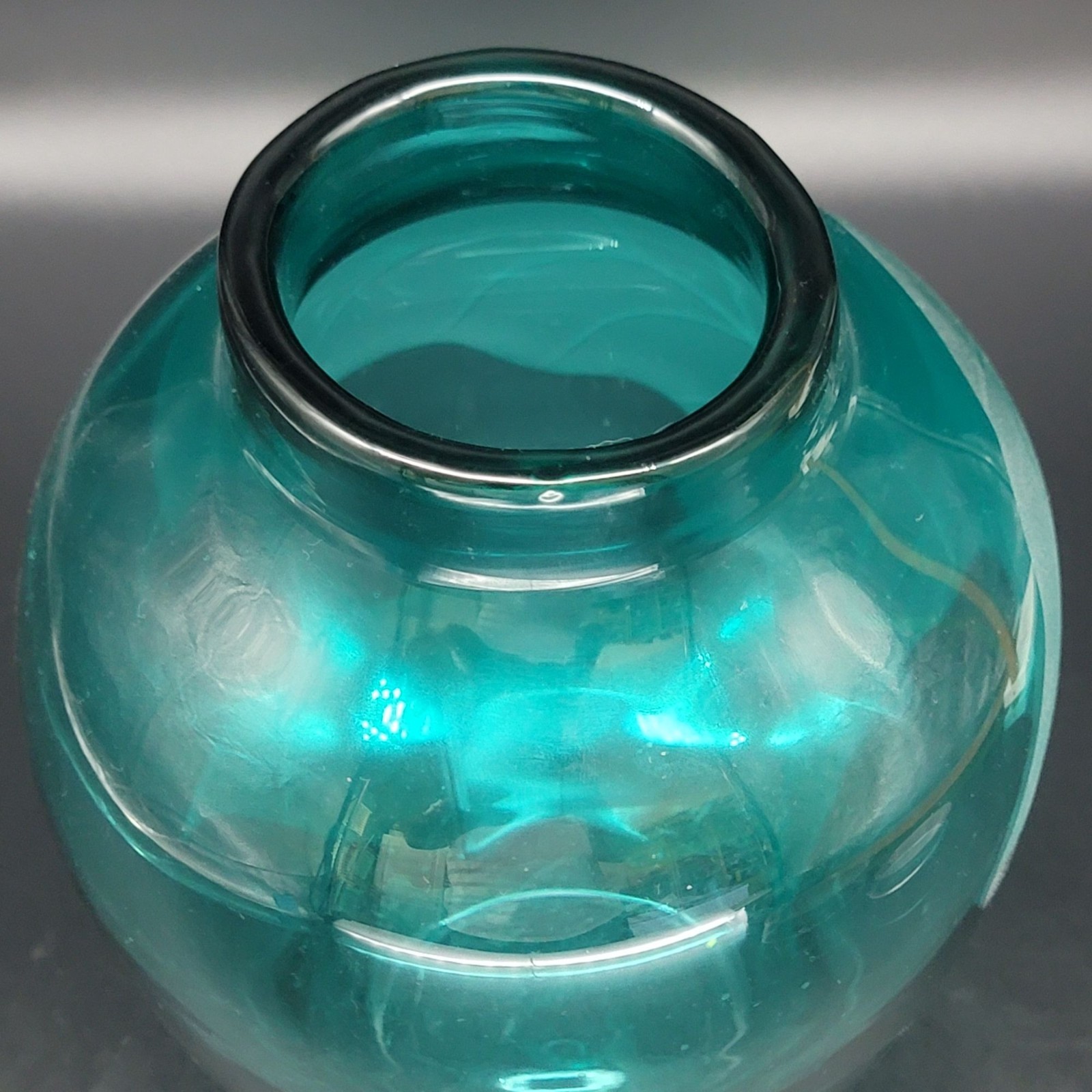 Vintage Teal Art Glass Vase Sand Etched Signed 1990 Tropical Decor