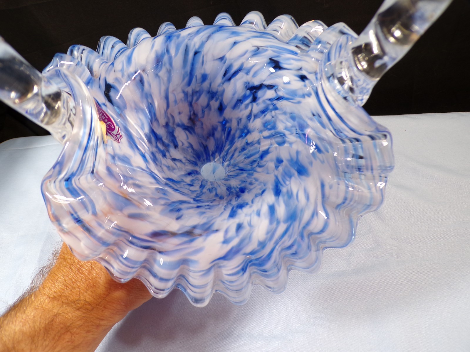 Fenton Vasa Murrhina Glass Blue Mist Basket – 10 3/4″ Tall