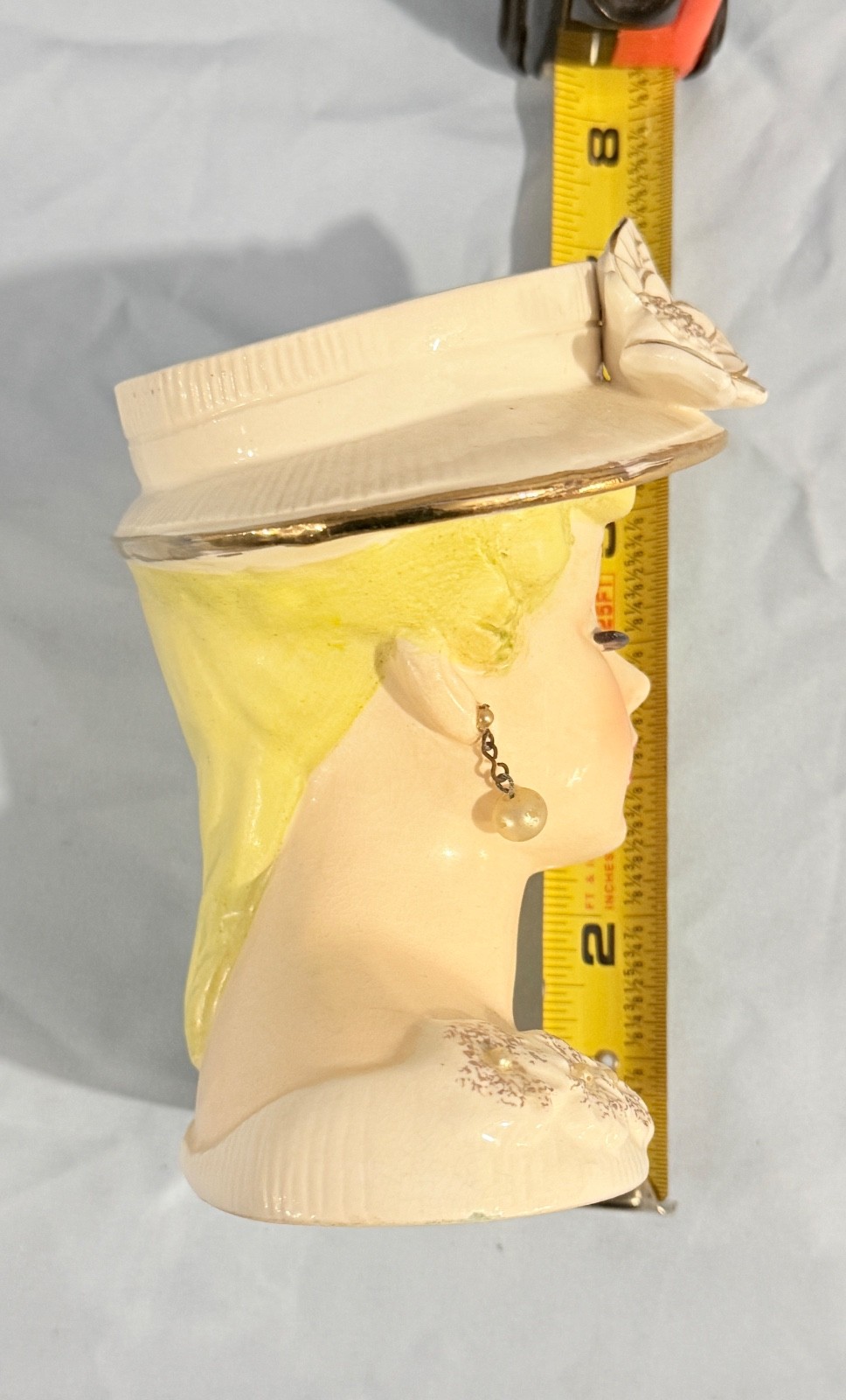 Rare 6″ Rubens Lady Head Vase Japan 500 Flowers Blonde White Hat Gold Trim